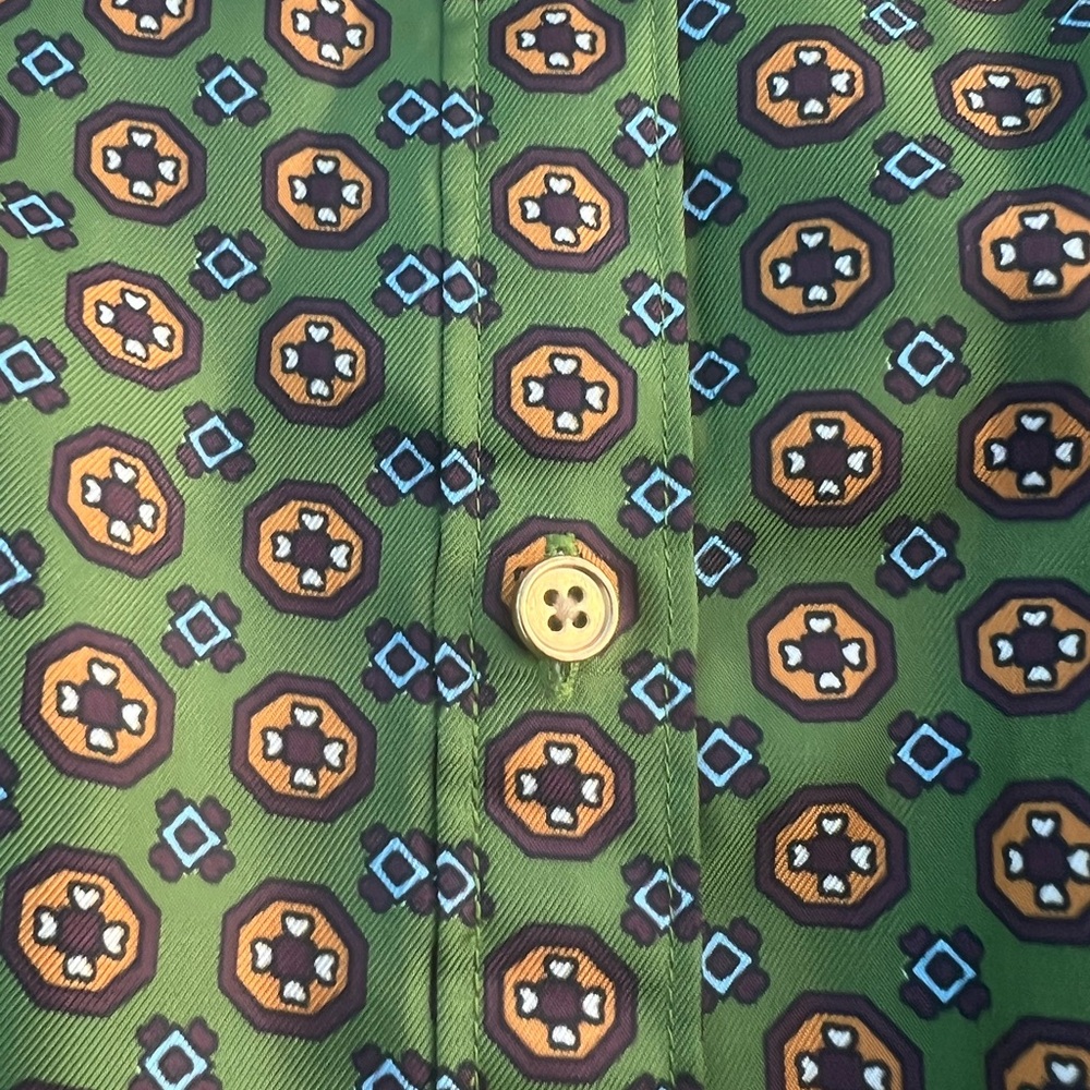 Talbots Avocado Green Button Down With Retro Patt… - image 3